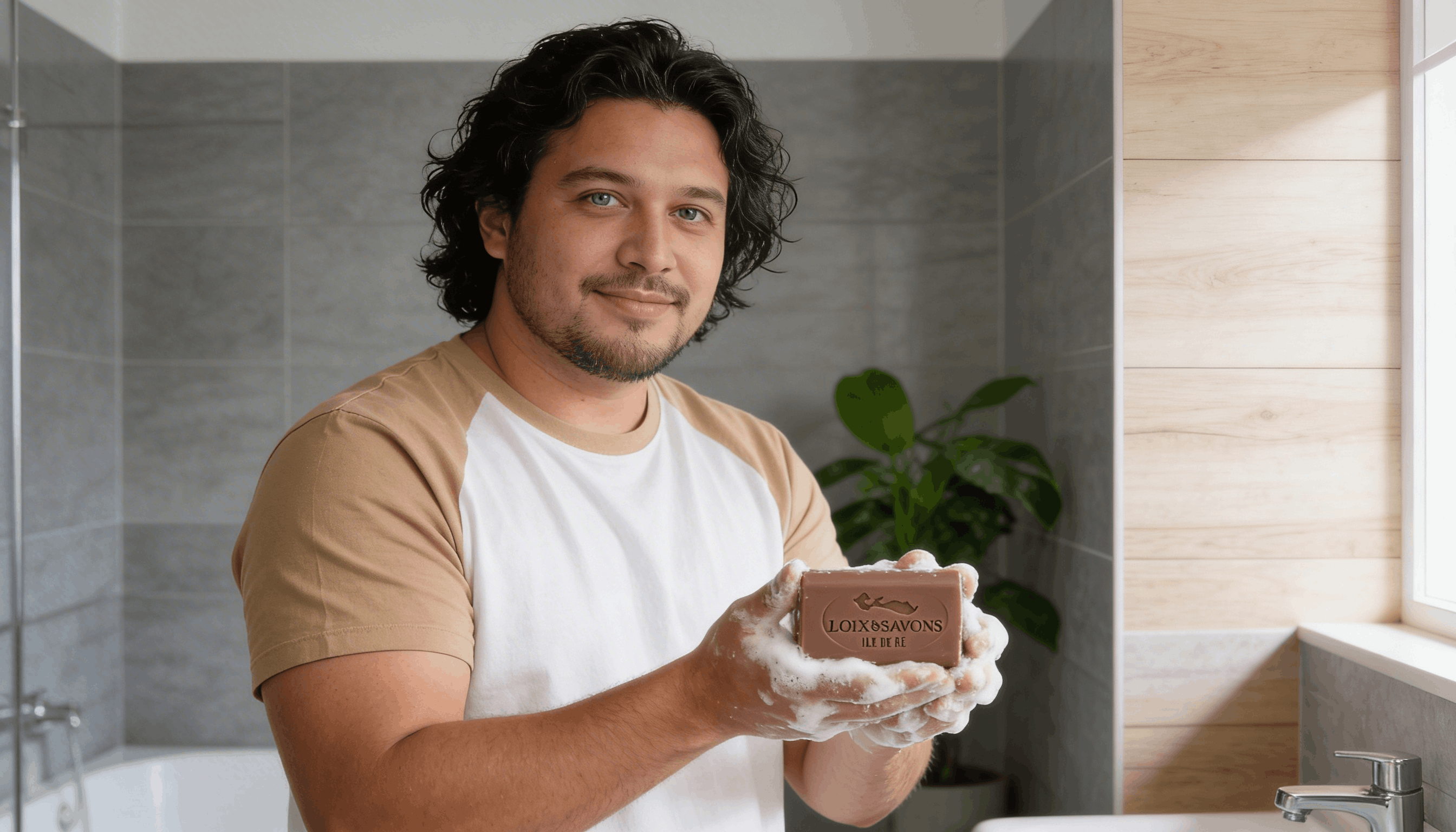 Homme faisant mousser savon chocolat salle de bain