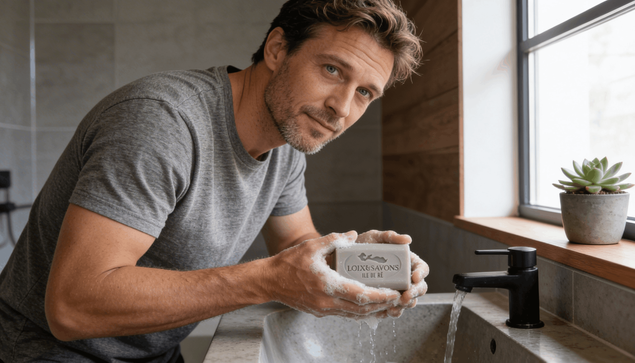 Homme faisant mousser savon patchouli salle de bain moderne