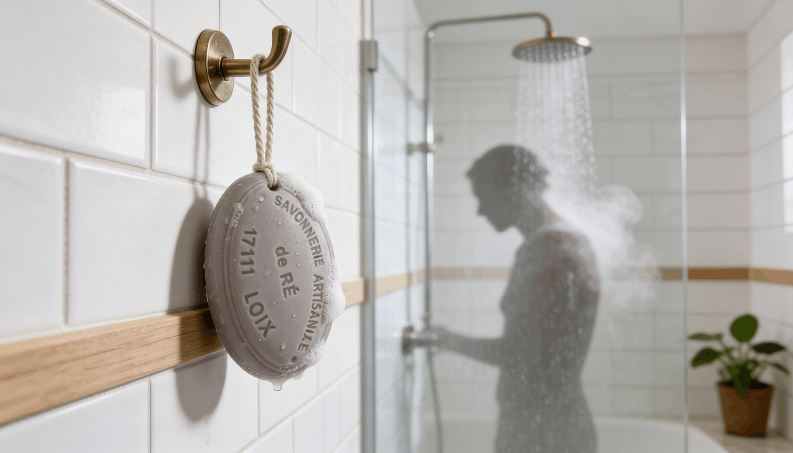 Savon patchouli gris ficelle suspendu dans douche