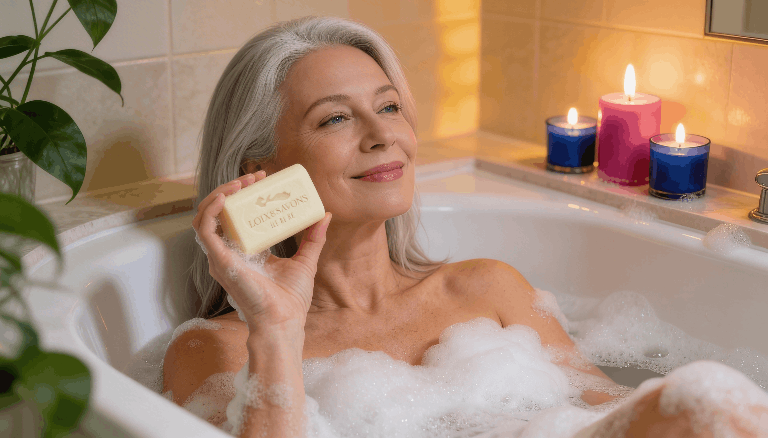 Femme dans bain relaxant avec savon vanille et bougies