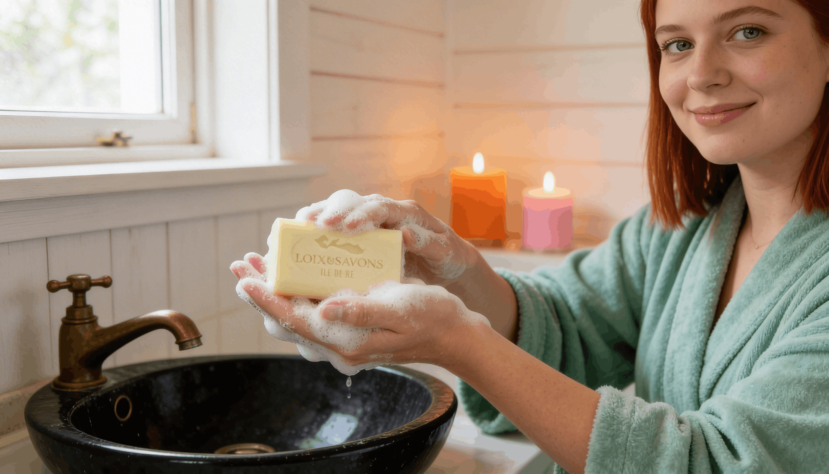 Femme faisant mousser savon vanille salle de bain cocooning