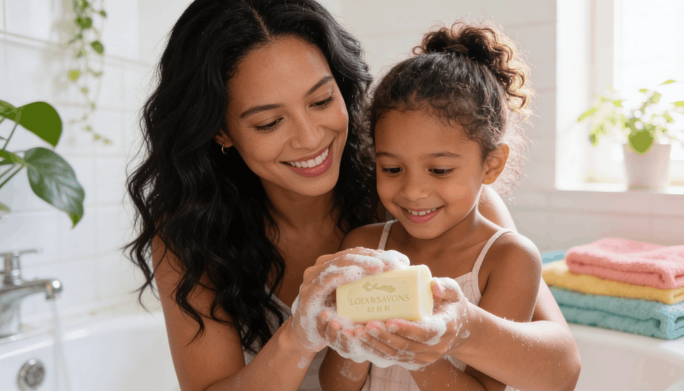 Mère et fille faisant mousser savon vanille ensemble