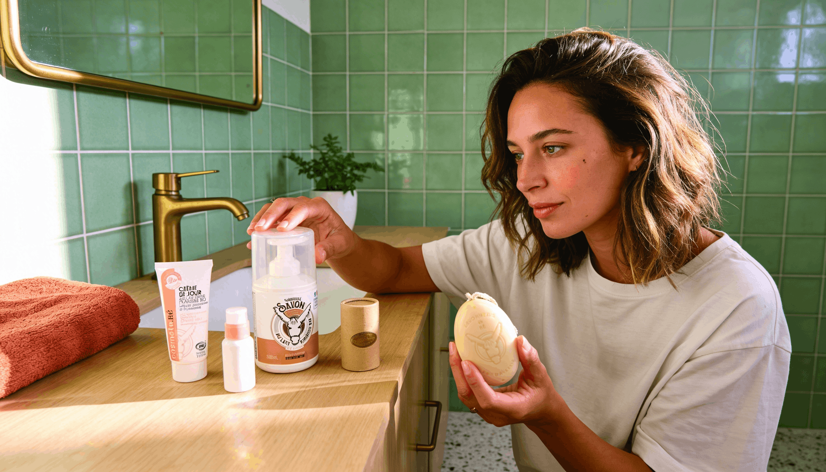 Femme qui choisit entre un savon solide et un savon liquide au lait d'ânesse dans sa salle de bain le matin