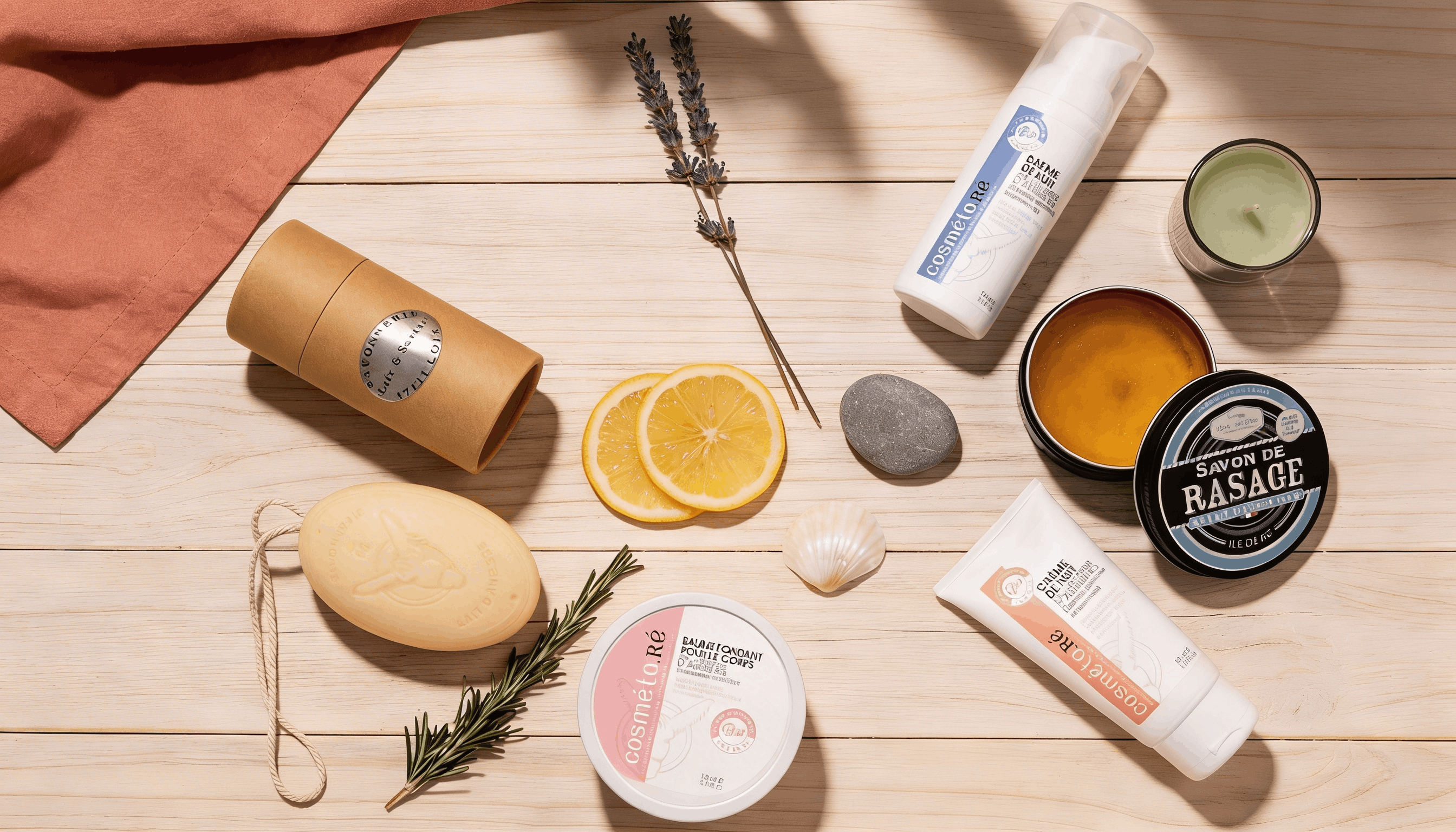 Gamme complète de soins au lait d'ânesse bio Savonnerie de Ré en flat lay sur fond bois clair avec lavande citron et coquillage