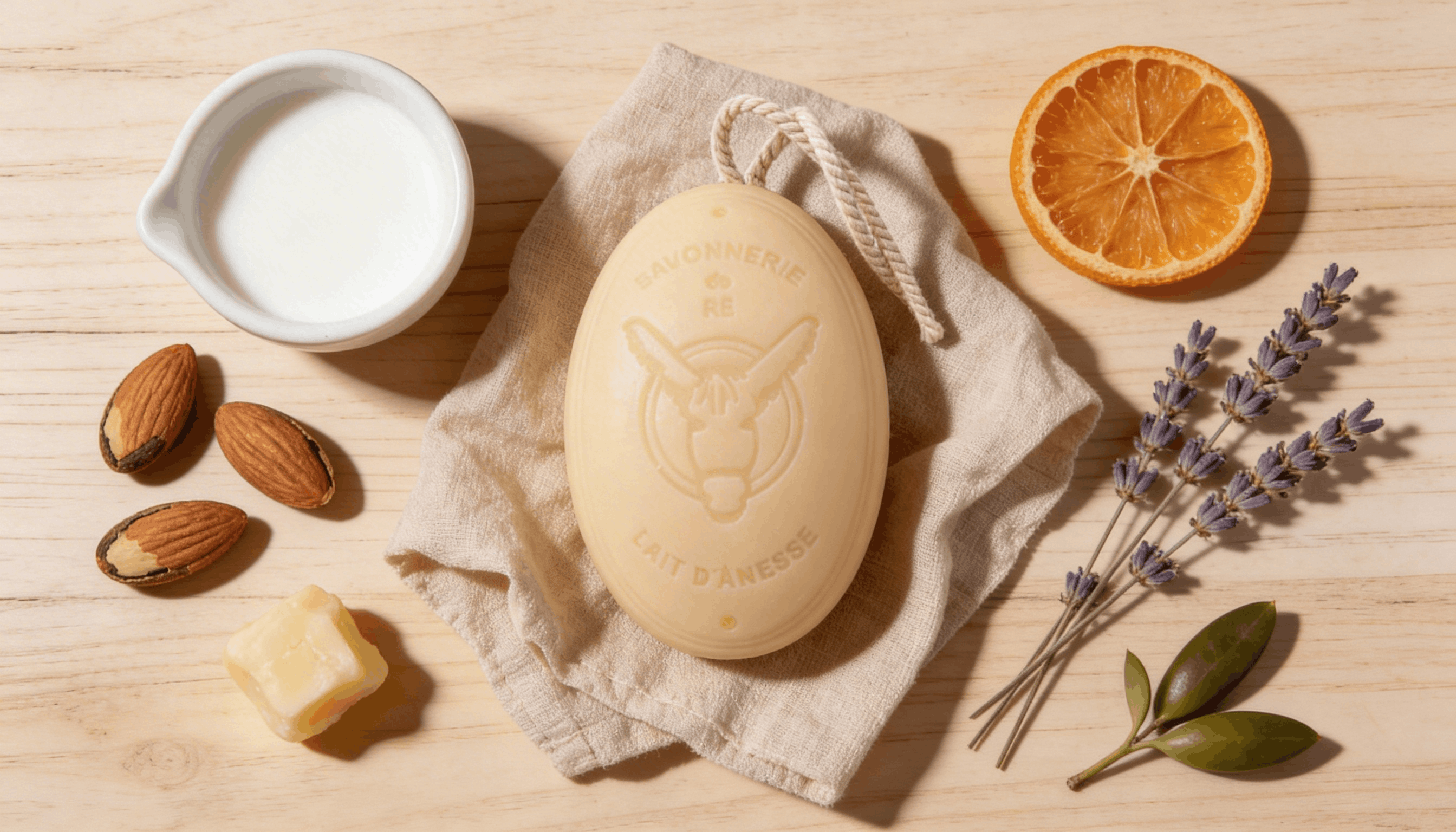 Savon au lait d'ânesse ovale avec cordelette entouré de ses ingrédients naturels