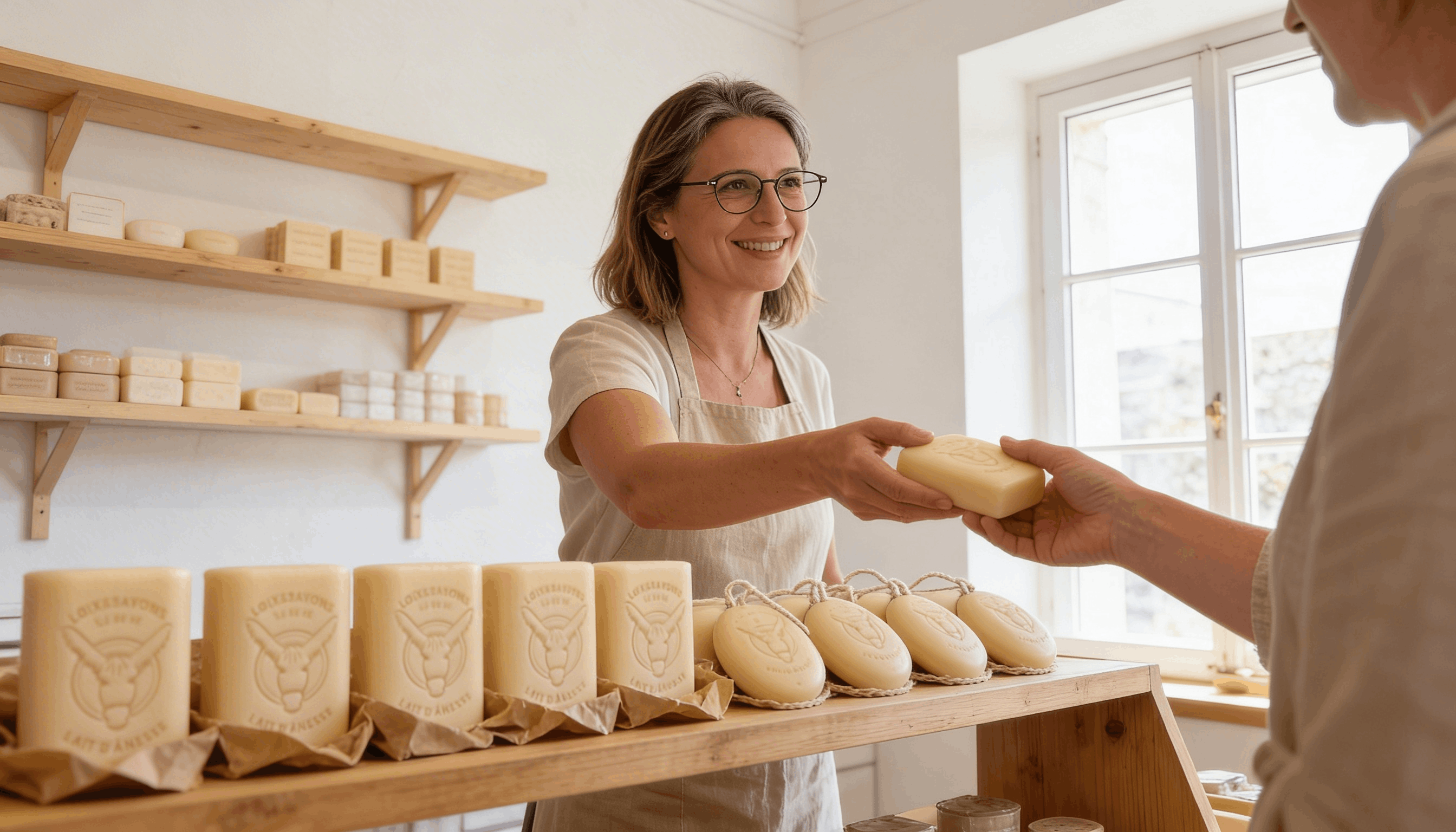 Boutique savonnerie artisanale île de Ré avec savons au lait d'ânesse sur présentoir bois