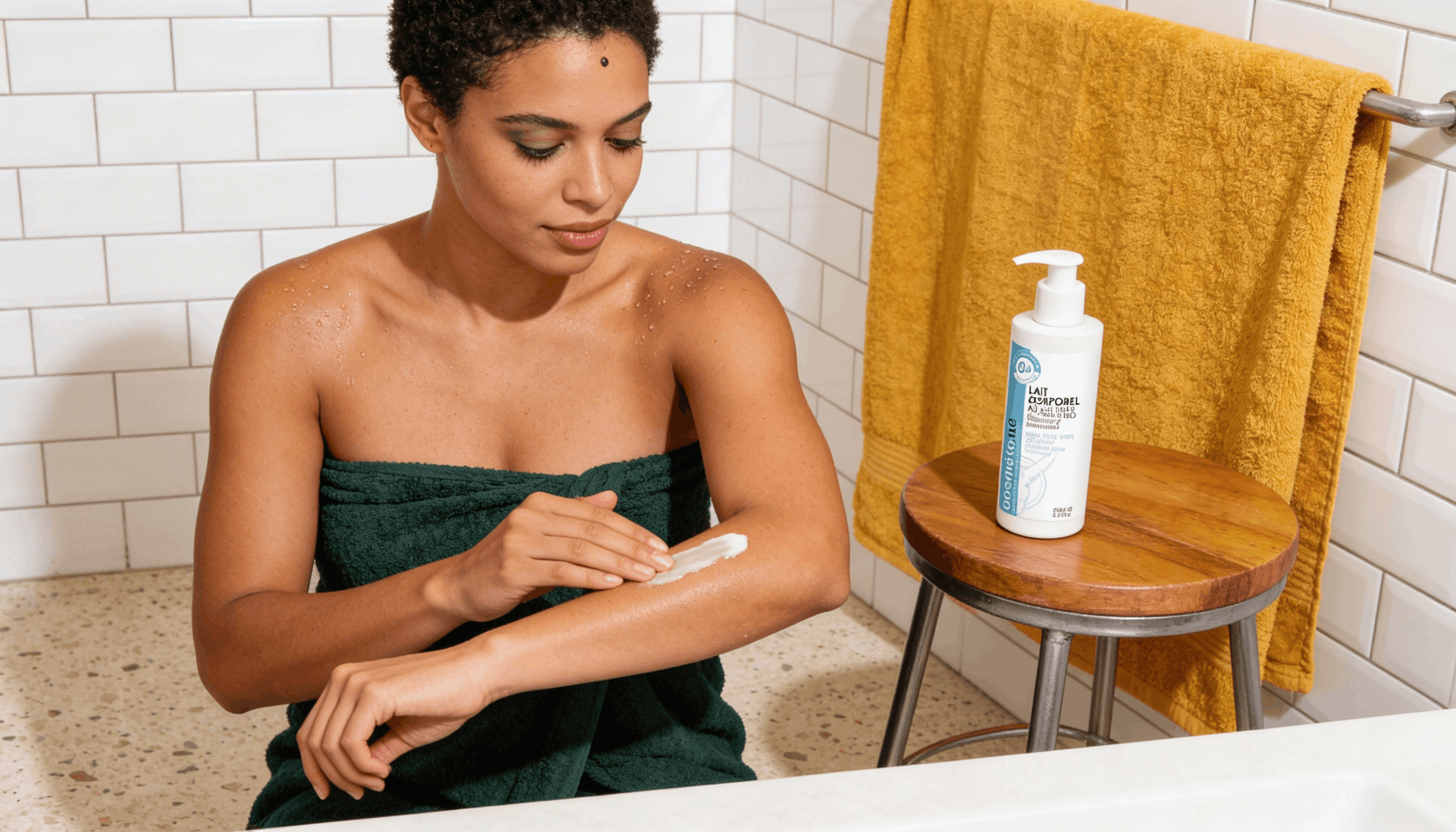 Application du lait corporel bio au lait d'ânesse Cosméto.Ré après la douche
