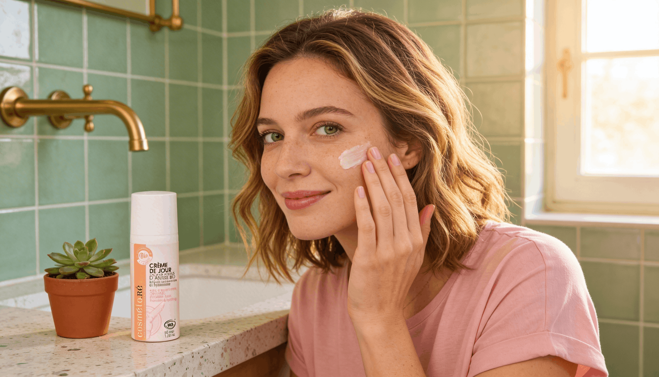 Femme appliquant la crème de jour au lait d'ânesse Cosméto.Ré sur son visage dans une salle de bain moderne