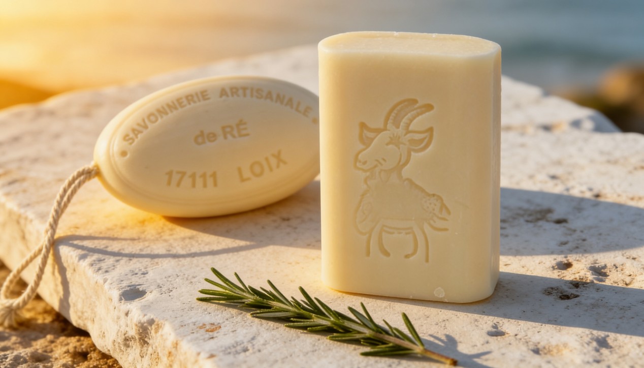 savons au lait de chevre artisanal duo 100g et ficelle 200g sur pierre calcaire ile de re
