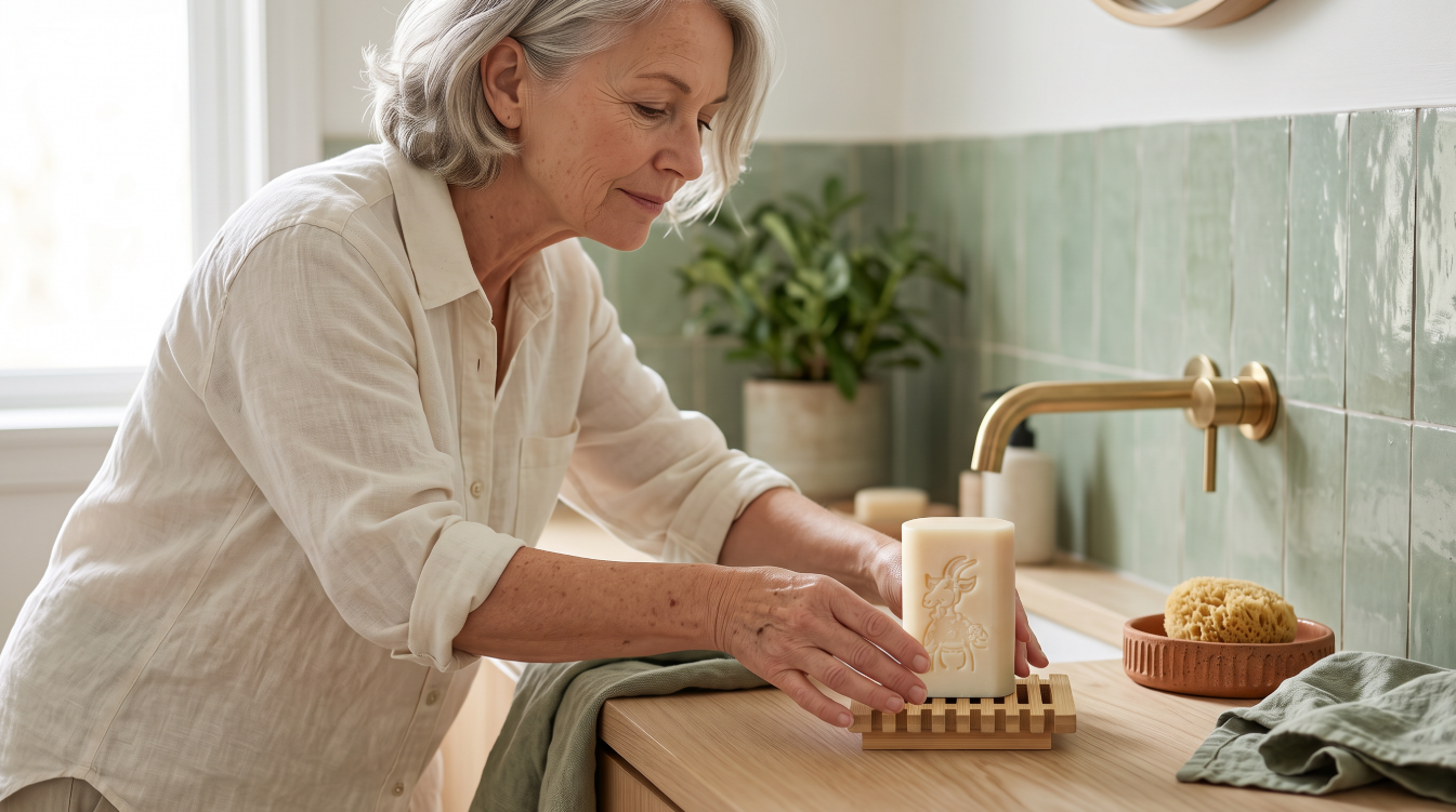 Femme posant un savon a plat sur un porte-savon en bambou