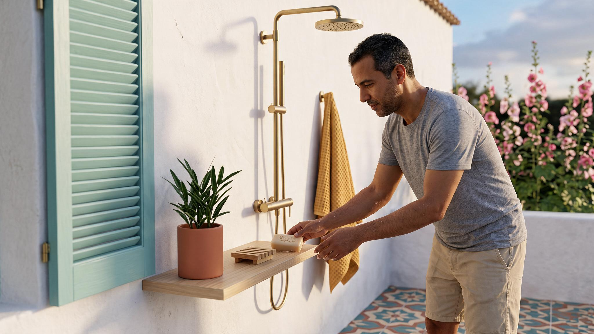 Homme se lavant les mains pres d un porte-savon en bambou sous une douche d ete