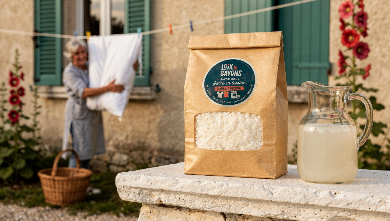 Femme etendant du linge dans un jardin avec un sachet de savon a la saponaire pour la lessive