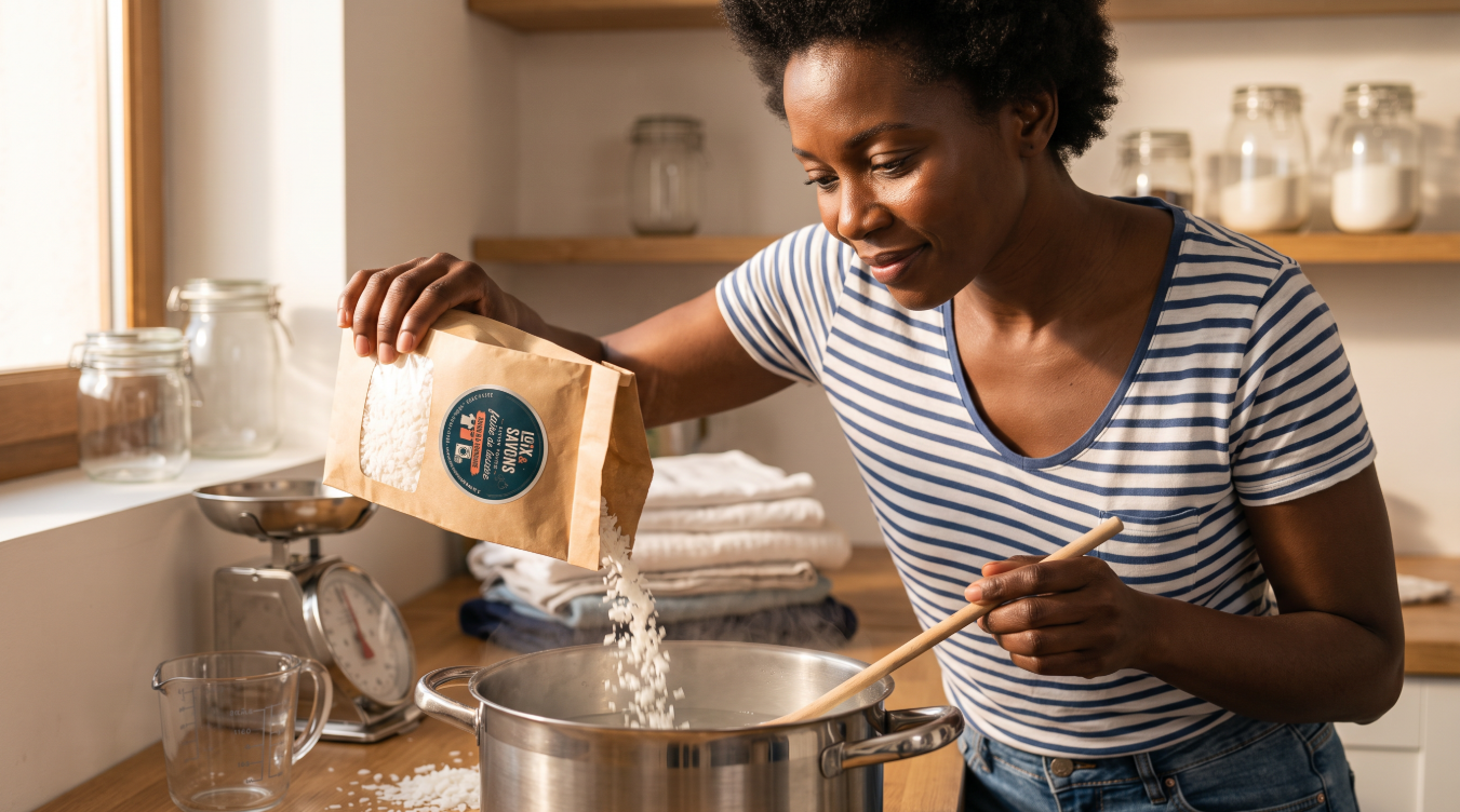 Femme versant des copeaux de saponaire dans une casserole d eau chaude pour faire sa lessive
